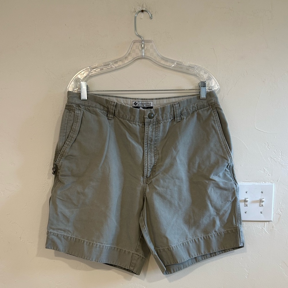 5/$40 Vintage Mens Columbia Double Zipper Pocket Shorts Cotton Gray Green